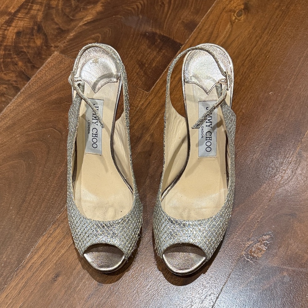 Jimmy Choo Glittering Silver Peep-Toe Heels